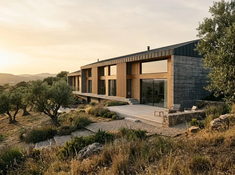 Casa contemporánea de madera y hormigón entre olivos, en una ladera al atardecer.