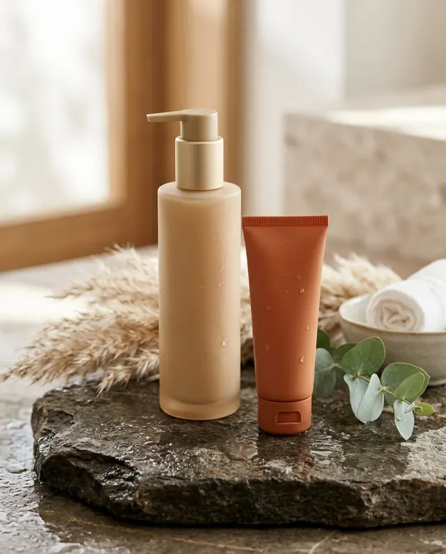 Envase dosificador y tubo de cosmética natural en tonos tierra sobre una piedra, con eucalipto y espigas secas.